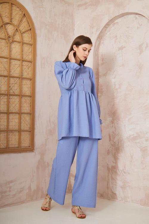 Kadın Gofre Balon Kol Büzgülü Tunik / Beli Lastikli Cepli Pantolon Tesettür Takım 3531350