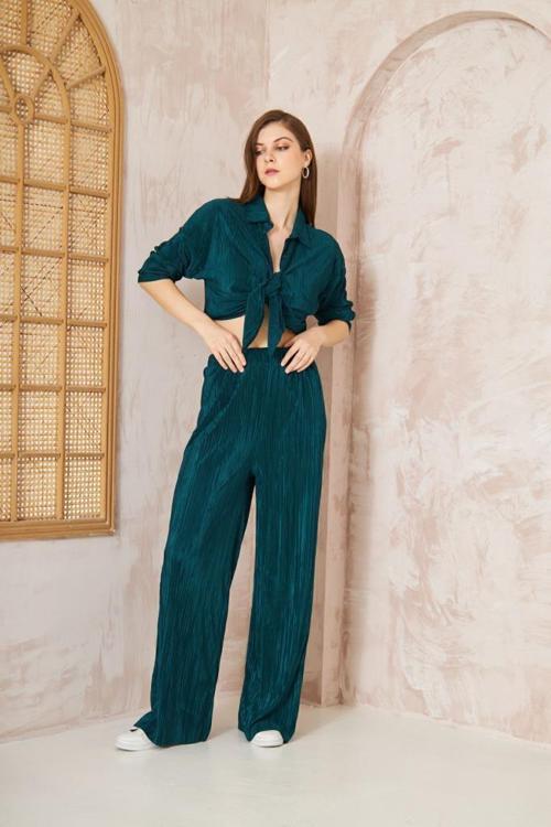 Kadın Pliseli Beli Lastikli Pantolon Tunik Gömlek Ikili Bürümcük Salaş Takım 3573330