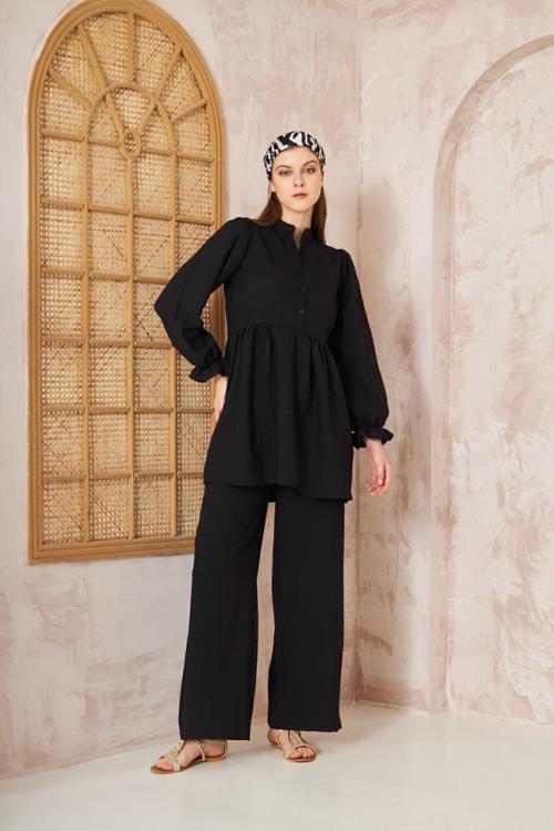 Kadın Gofre Balon Kol Büzgülü Tunik / Beli Lastikli Cepli Pantolon Tesettür Takım 3531350