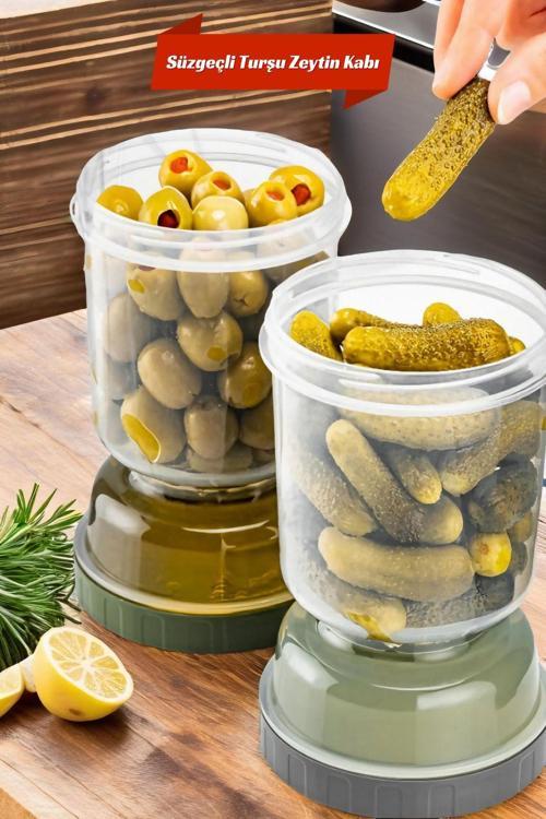 Kum Saati Süzgeçli Zeytinlik - Zeytin Turşuluk Saklama Kabı Şeffaf -1 No