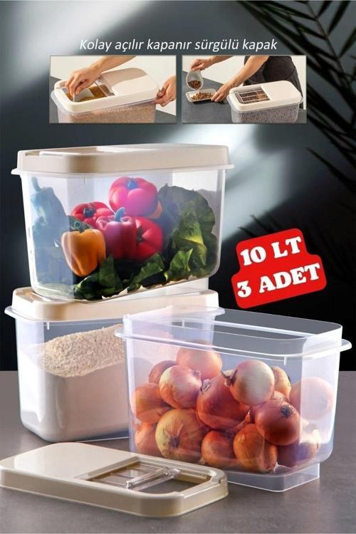 3 Adet Multibox 10 Lt Kolay Kayar Kapaklı Çok Amaçlı Erzak, Bakliyat Vs. Saklama Kabı 