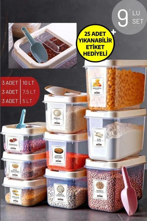 9'lu Set Etiketli Kırılmaz Multibox Erzak Saklama Kabı X3 5 Lt/7,5 Lt/10 Lt