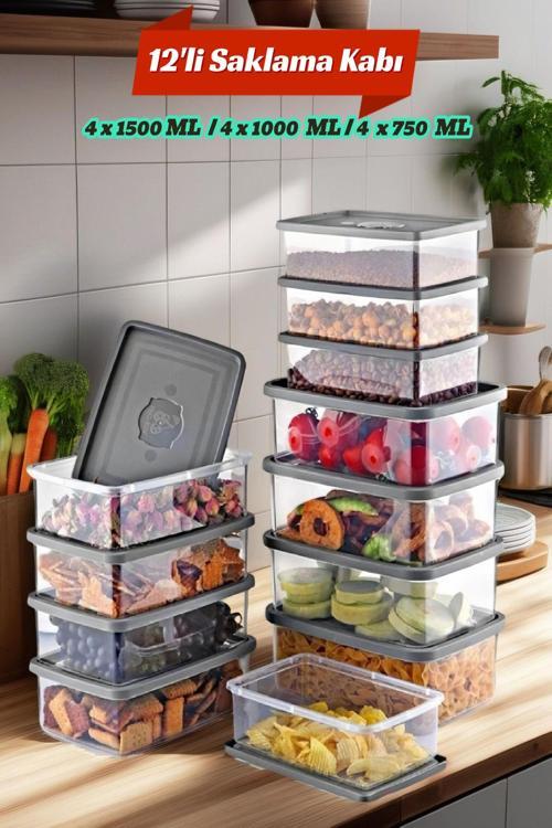 12'Li Set Dikdörtgen Mikrodalga & Difriz Uyumlu Saklama Kabı X4 0,75 Lt/1 Lt/1,5 Lt