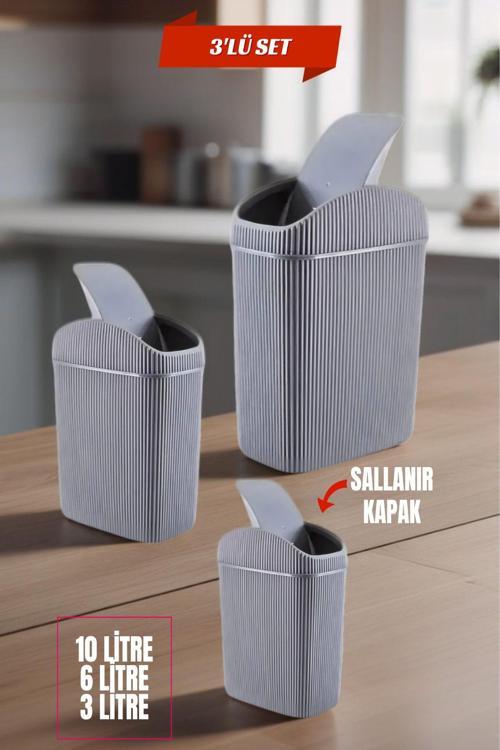 3'lü Çöp Kovası, Mutfak, Banyo, Tuvalet, Ofis Çöp Kutusu Gri