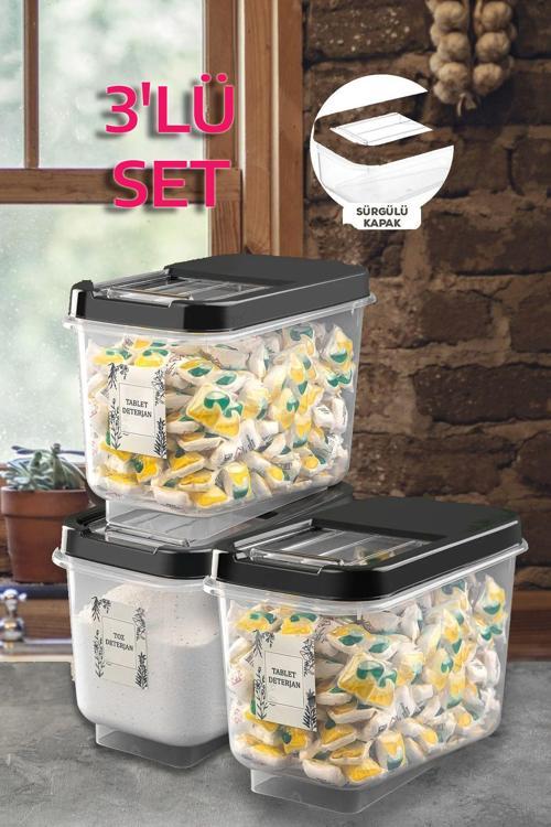 3'lü Mega Boy 10 Lt Etiketli Kayar Kapaklı Tablet Deterjan Saklama Kabı Antrasit