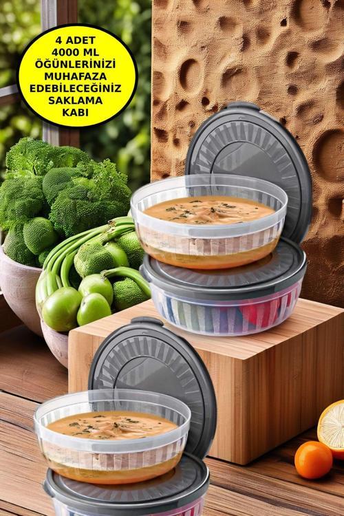 4 Adet Kapaklı Yuvarlak Saklama Kabı Seti - Kase Mikrodalga & Difriz Uyumlu 4 Lt Şeffaf
