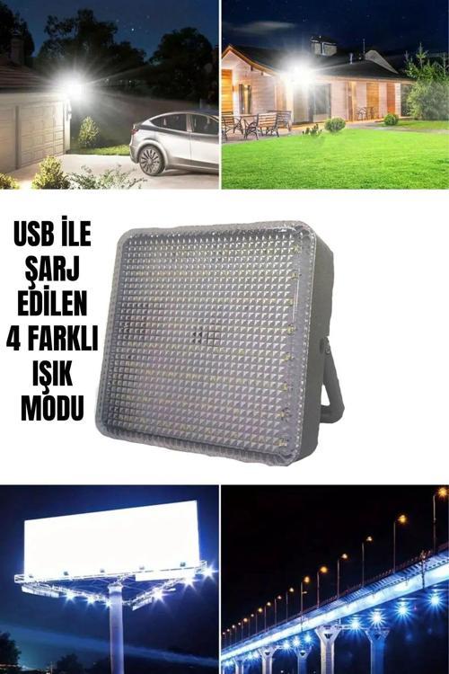 Dış Mekan ve Kamp İçin USB İle Şarj Olan 4 Farklı Işık Modlu Güçlü Projektör Lamba 100W 2400 Mah