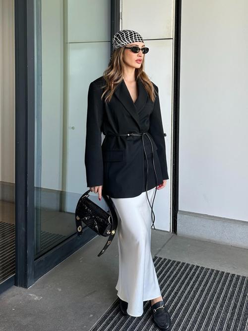 Oversize Kuşaklı Blazer Ceket Siyah