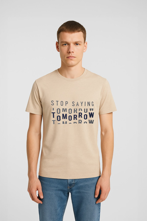 Erkek Rahat Kesim Bisiklet Yaka Yazı Baskılı T-shirt