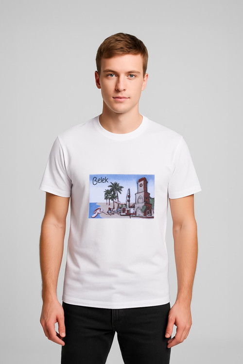 Erkek Bisiklet Yaka %100 Pamuk Belek Baskılı Kısa Kollu T-shirt