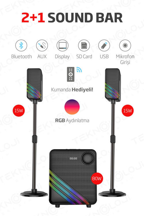 Hp-Tv02 2+1 Soundbar Ev Sinema Sistemi Stereo Hd Ses Rgb Kablolu 80 Watt Amfi 15Wx2 Soundbar