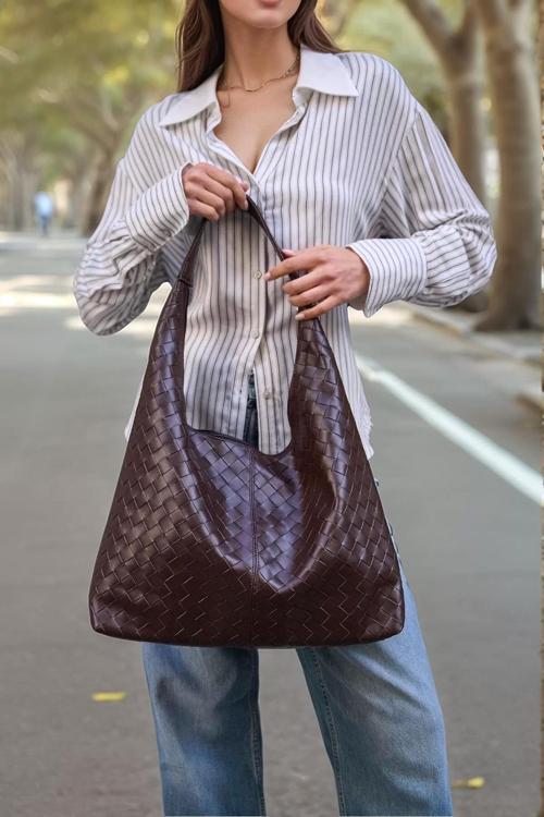 Kadın Şık Örgü Desenli Suni Deri Geniş Omuz Çantası Günlük Kullanım Özenle Seçilmiş Modern Stil