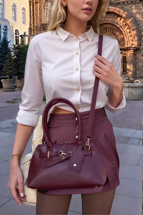 Kadın El ve Omuz Çantası Retro Tasarım Vegan Deri Altın Detaylar Günlük Kullanım Modern Stil