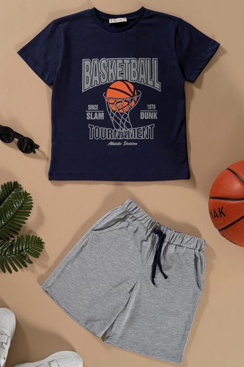 Basketboll Baskılı Lacivert Tshirt Şort Takım