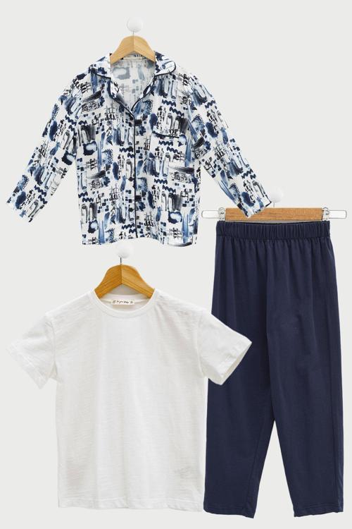 3'lü Ara Biyeli Tshirt Pantolon Ekru Pijama Takımı 