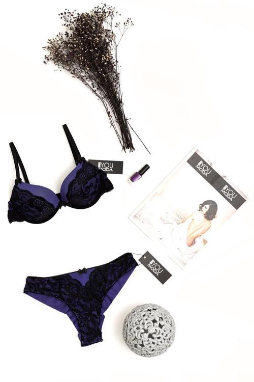 Dantelli Destekli Mor Sütyen Takımı