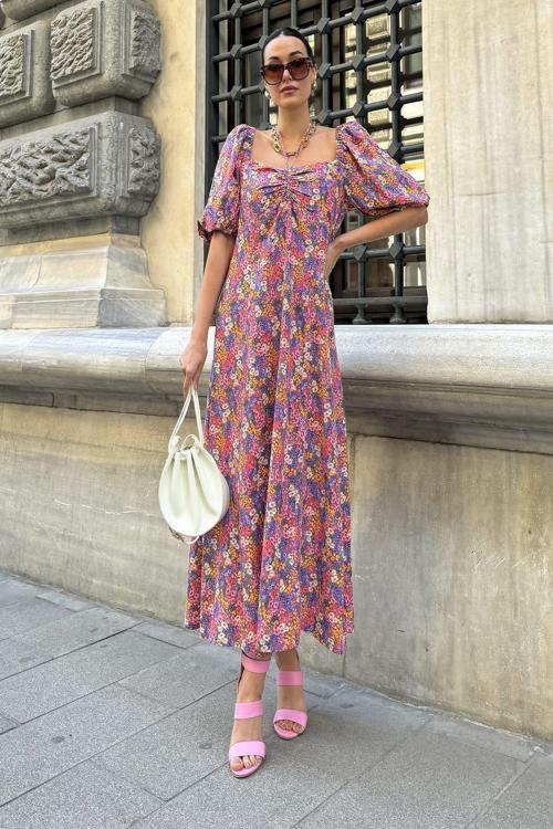 Doğal Viskon Boyun Baglamalı Desenli Uzun Lila Elbise