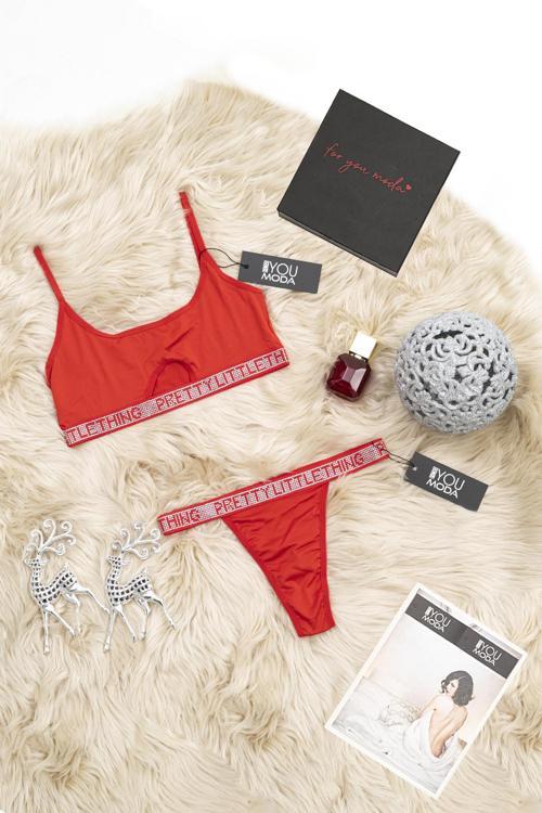 2'li Taşlı Bralet Slip Kırmızı Takım