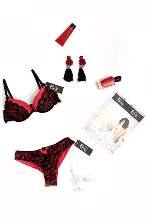 Dantelli Destekli Kırmızı Sütyen Takımı