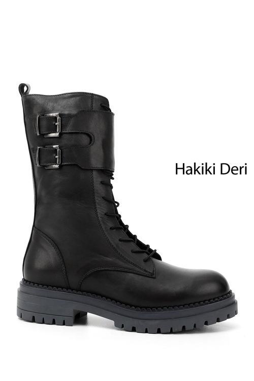 Kadın Gri Fermuarlı Hakiki Deri Postal Bot