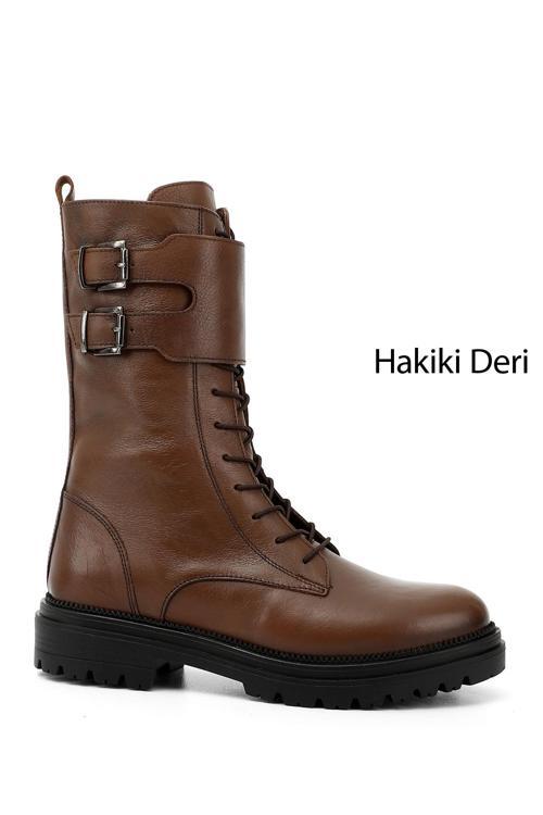 Kadın Taba Antik Fermuarlı Hakiki Deri Postal Bot