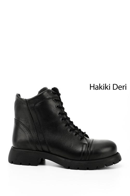 Kadın Siyah Fermuarlı Hakiki Deri Postal Bot