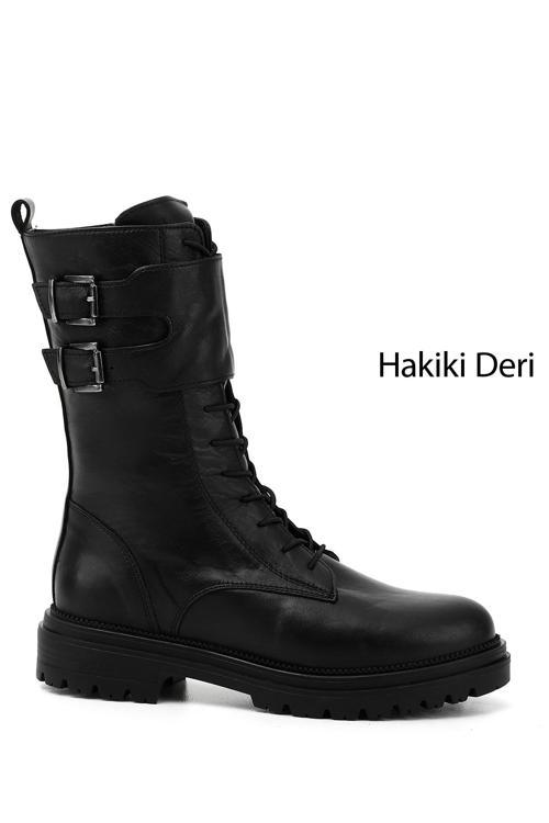 Kadın Siyah Fermuarlı Hakiki Deri Postal Bot