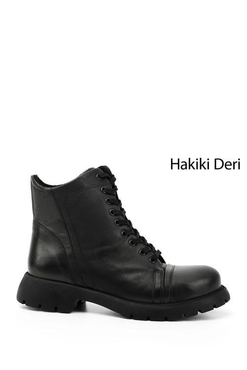 Kadın Siyah Fermuarlı Hakiki Deri Postal Bot