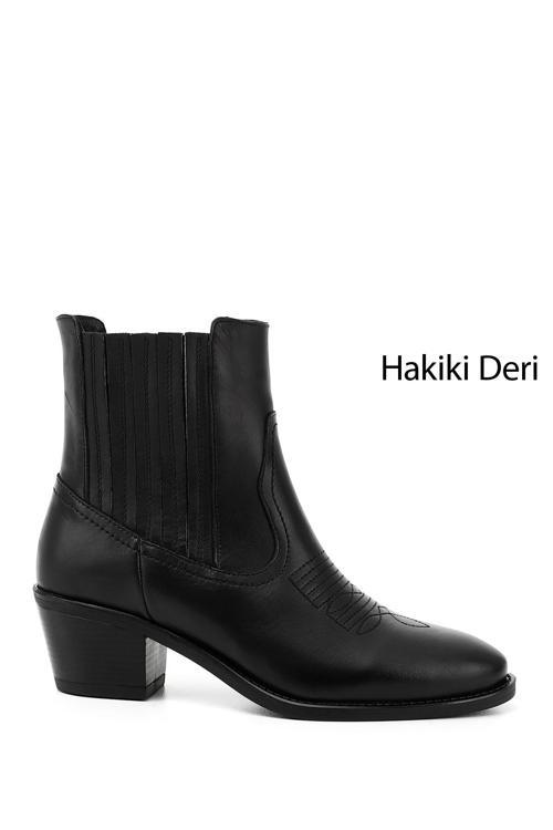 Kadın Siyah Kalın Topuklu Hakiki Deri Kovboy Bot