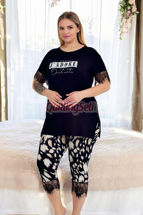 Siyah Renkli Ve Desenli 10726 Pamuklu Büyük Beden Tayt Ve Kapri Anne Pijama Takımı