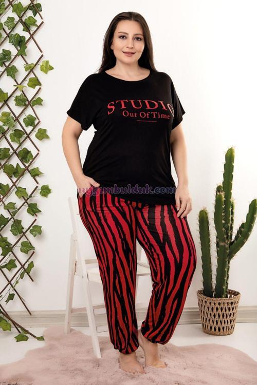 Kırmızı - Siyah Renk Zebra Desenli Lady 10958 Büyük Beden Anne Pijama Takımı