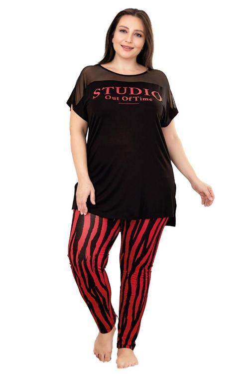 Kırmızı - Siyah Renk Çizgili Desen Lady 10957 Büyük Beden Pijama Takımı