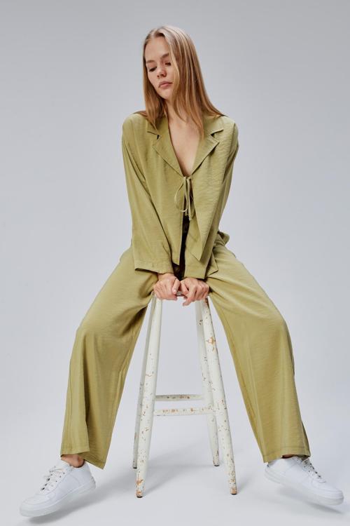 Açık Haki Beli Lastikli Bol Paça Pantolon