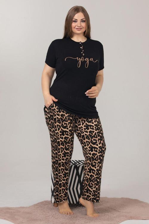 Siyah Renk Leopar Desenli Lady 10850 Şık Ve Rahat Pamuk Viskon Büyük Beden Pijama Takımı