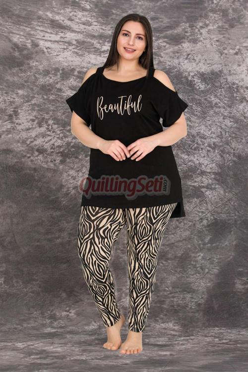 Siyah Renk Zebra Desenli Lady-10758 Kadın Kısa Kol Büyük Beden Anne Pijama Takımı