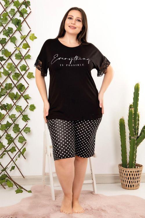 Rahat Ve Şık Lady 10406 Siyah, Desenli Büyük Beden Kadın Pijama Takımı