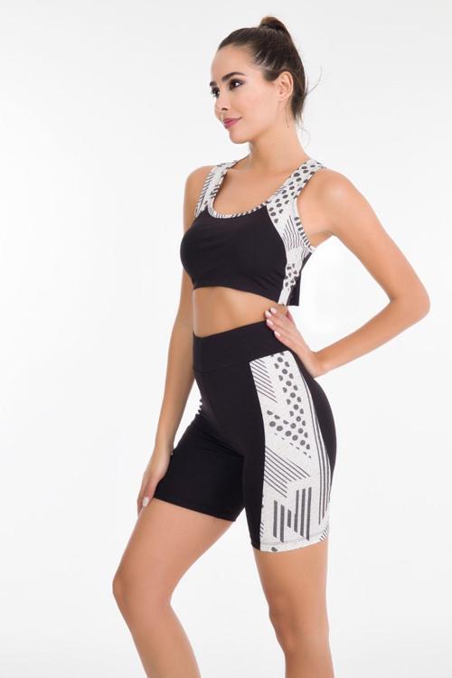 Siyah - Beyaz Renk Ve Desenli Lady 4008 Kadın Kısa Tayt Büstiyer Spor Takım