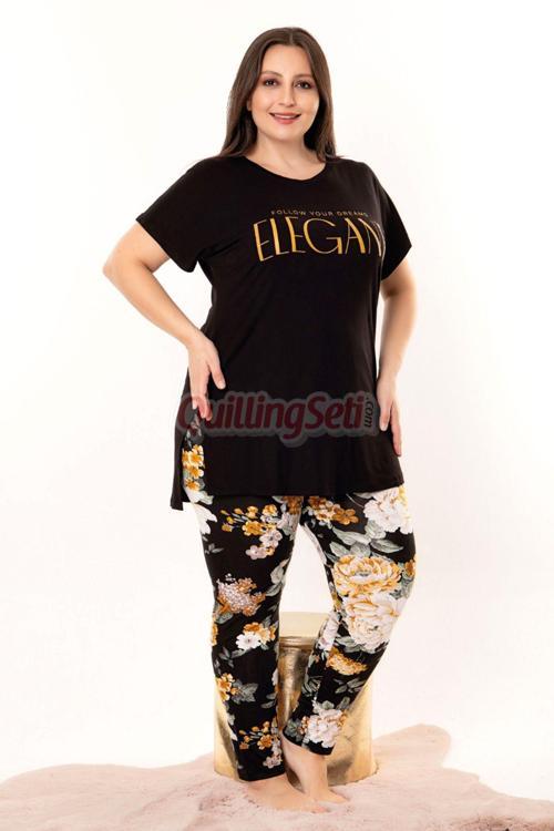 Siyah Renk Çiçek Desenli  10948 Kadın Kısa Kol Büyük Beden Anne Pijama Takımı