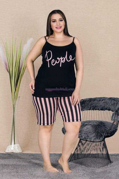 Siyah Renk Ve Pembe Çizgili Battal Büyük Beden 10381 Kadın Şortlu Anne Pijama Takımı
