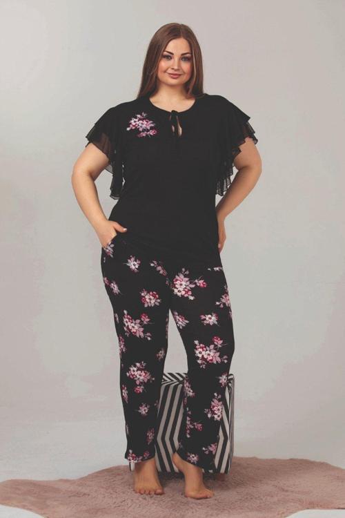 Siyah Renk Çiçek Desenli Lady-10852 Kadın Kısa Kol Büyük Beden Pijama Takımı