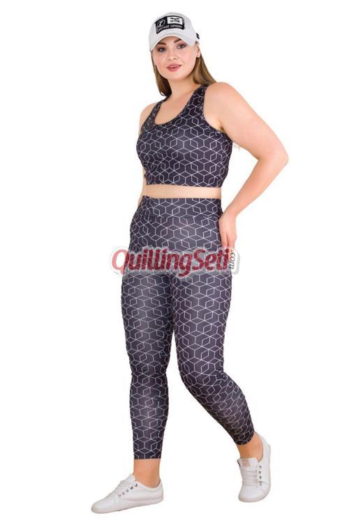 Geometric Desenli Siyah Renkli Lady 1509 Kadın Büyük Beden Büstiyerli Spor Taytlı Takım