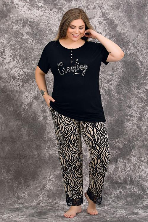 Siyah Renk Zebra Desenli 10998 Kadın Kısa Kol Büyük Beden Anne Pijama Takımı