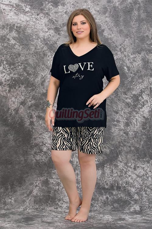Siyah Renk Zebra Desenli Büyük Beden 10422 Kadın Şortlu Anne Pijama Takımı