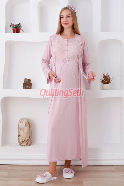 Pudra Renk Dantel Detaylı Sabahlıklı 2 Parça Lohusa Hamile Gecelik Takım - 2286