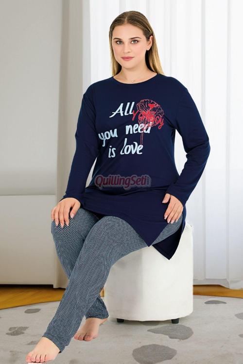 Lacivert Renk Desenli Lady 11401 Kadın Uzun Kol Büyük Beden Penye Pijama Takımı