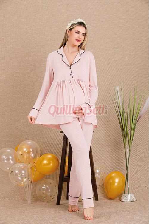 Pudra Renkli Ve Derin Patlı Lady 3301 Kısa Kol Sabahlıklı Hamile Pijama Takımı