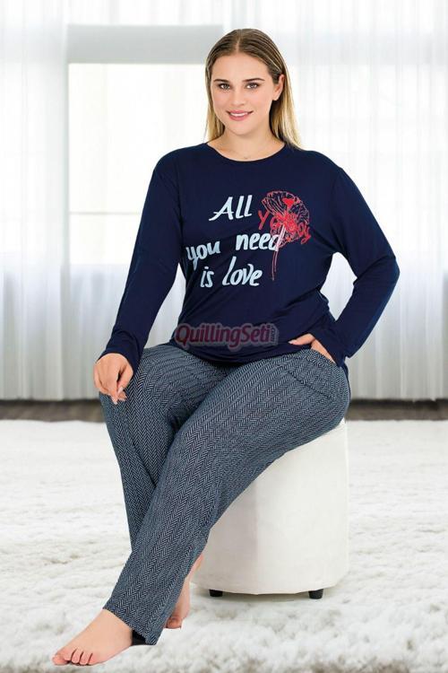 Lacivert Renk Desenli Lady 11396 Kadın Uzun Kol Büyük Beden Penye Pijama Takımı