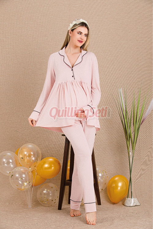 Pudra Renkli Ve Derin Patlı Lady 3301 Kısa Kol Sabahlıklı Hamile Pijama Takımı