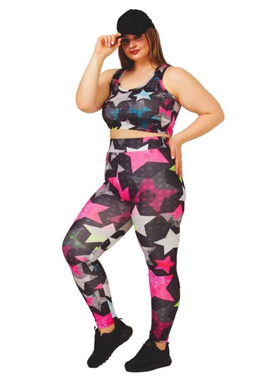 Yıldız Desenli Siyah Renkli Lady 1501 Kadın Büyük Beden Büstiyerli Spor Taytlı Takım