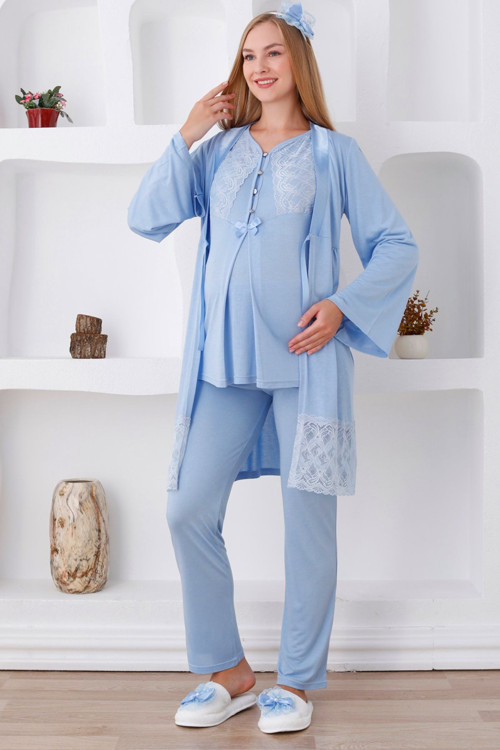 Mavi Renkli Ve Dantel Detaylı 3 Parça Uzun Kollu Ve Sabahlıklı 3422 Hamile Pijama Takımı